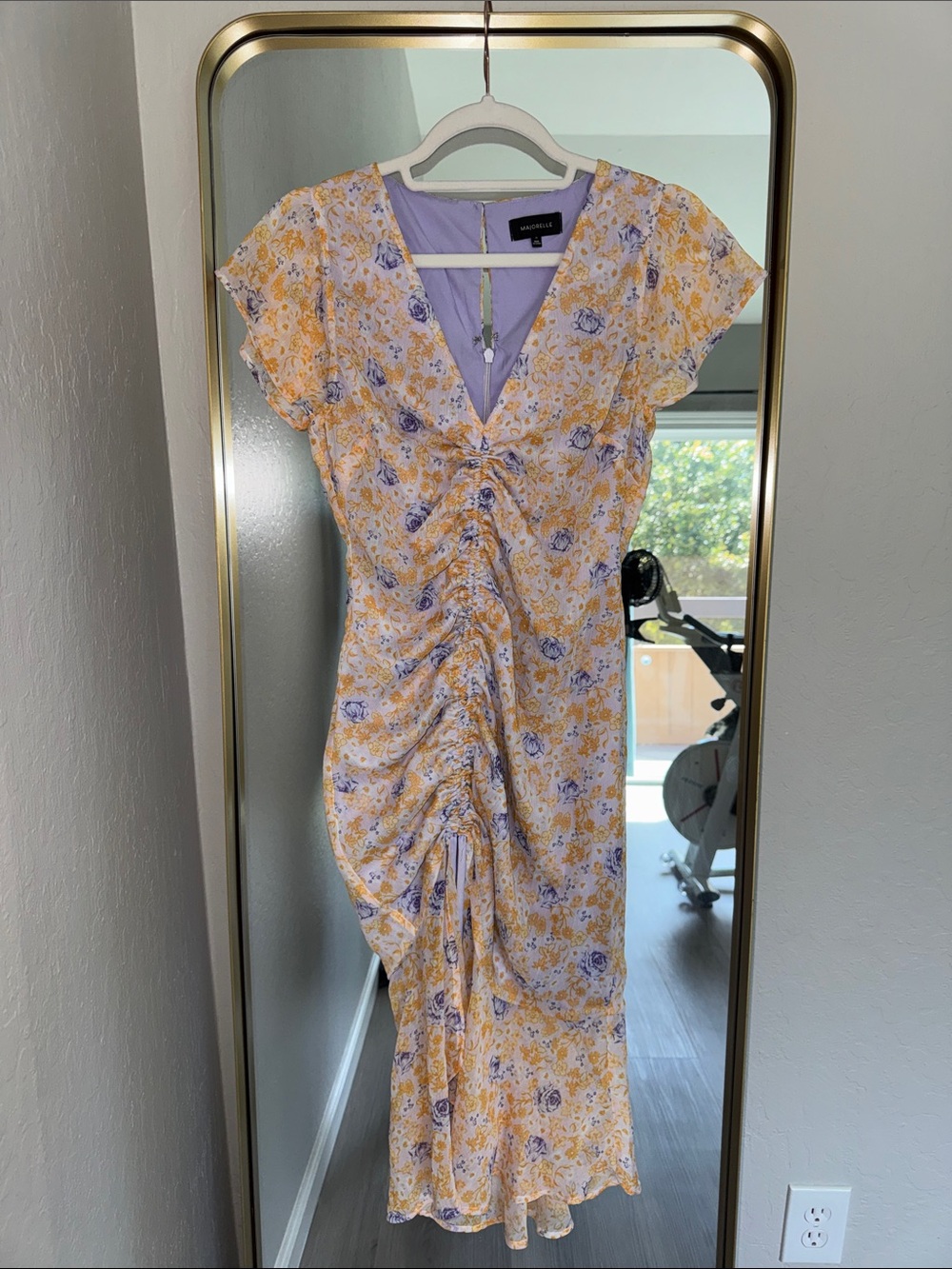 Floral Ruched V-Neck Midi Dress in Yellow and Lavender